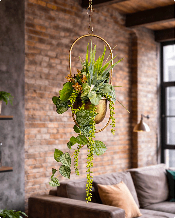 Suspension végétale artisanale – plantes stabilisées et décor naturel à suspendre
