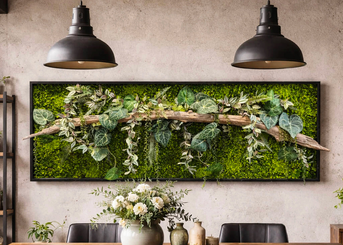 Tableau végétal artisanal unique - plantes artificielles et décor mural